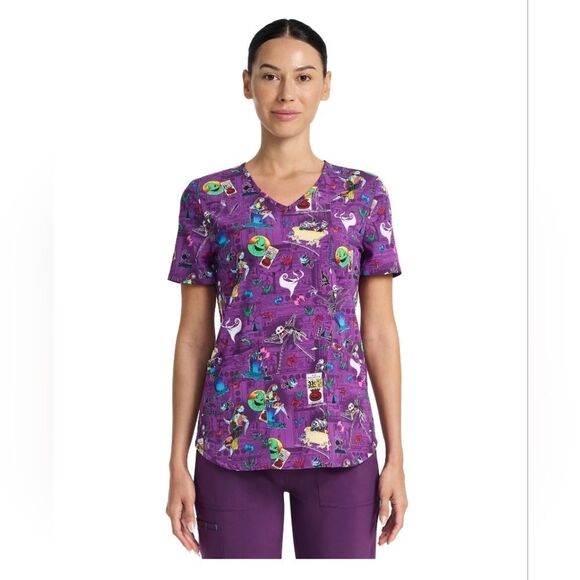 Nwt Disney The Nightmare Before Christmas Skellington Women's V-Neck Print Scrub - Picture 1 of 6